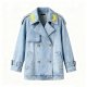 Light Blue Denim Double-Breasted Trench Coat with Yellow Moon Accents