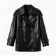 Black Faux Leather Trench Coat with Star Details
